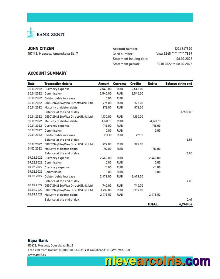 Russia Zenit Bank statement xls